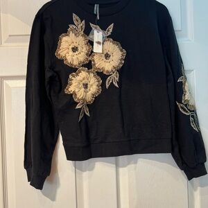 Anthropologie Black Sweater with Gold Floral Embroidery